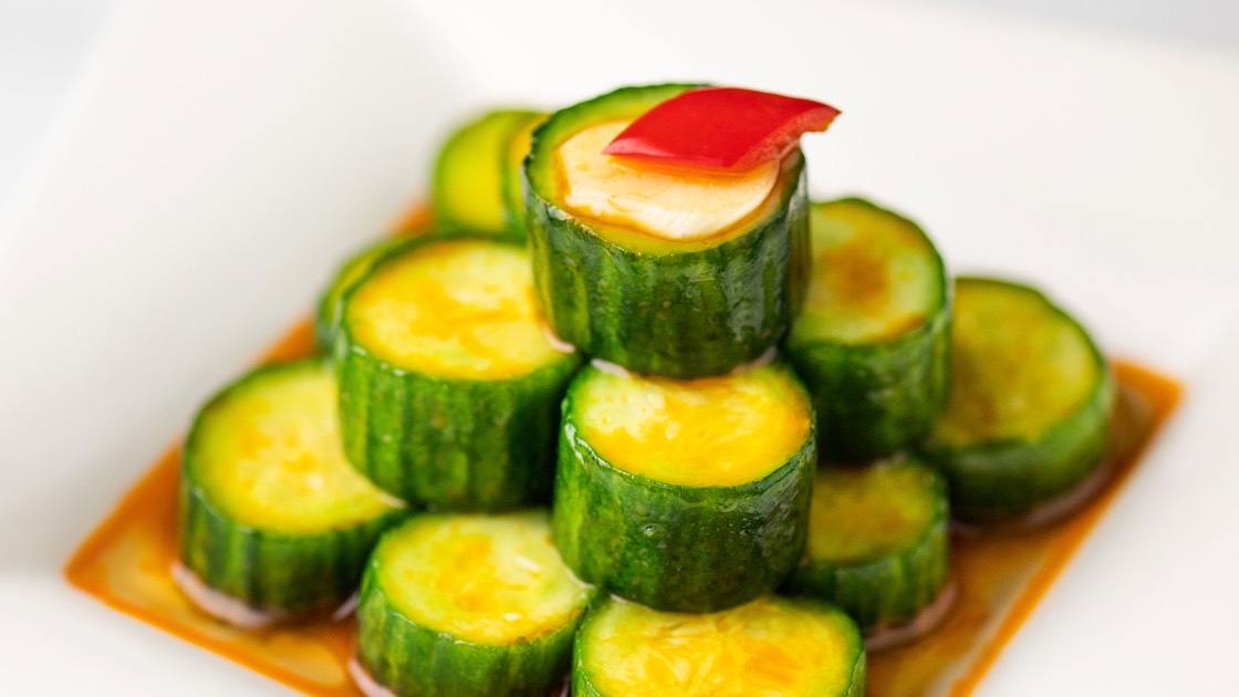Cucumber Salad on white plate, close up