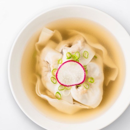 Jidori Chicken Wonton Soup in a white bowl