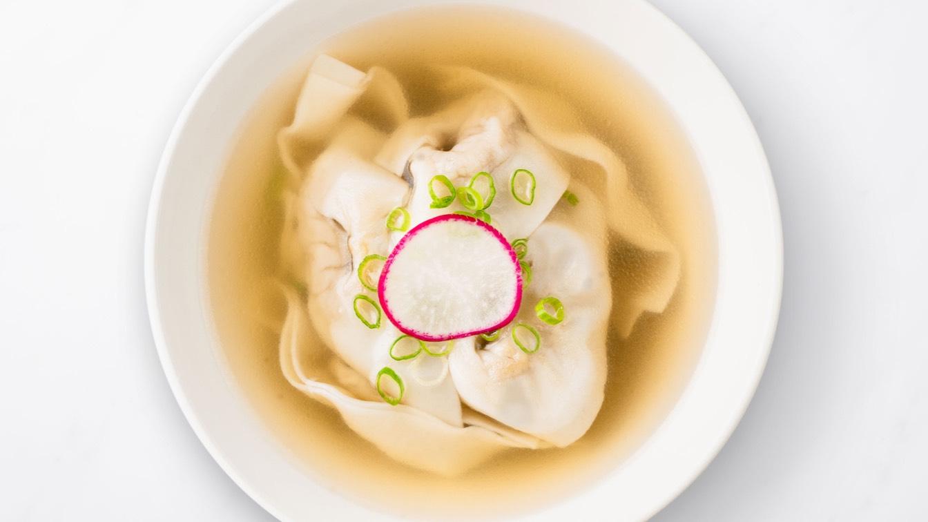 Jidori Chicken Wonton Soup in a white bowl