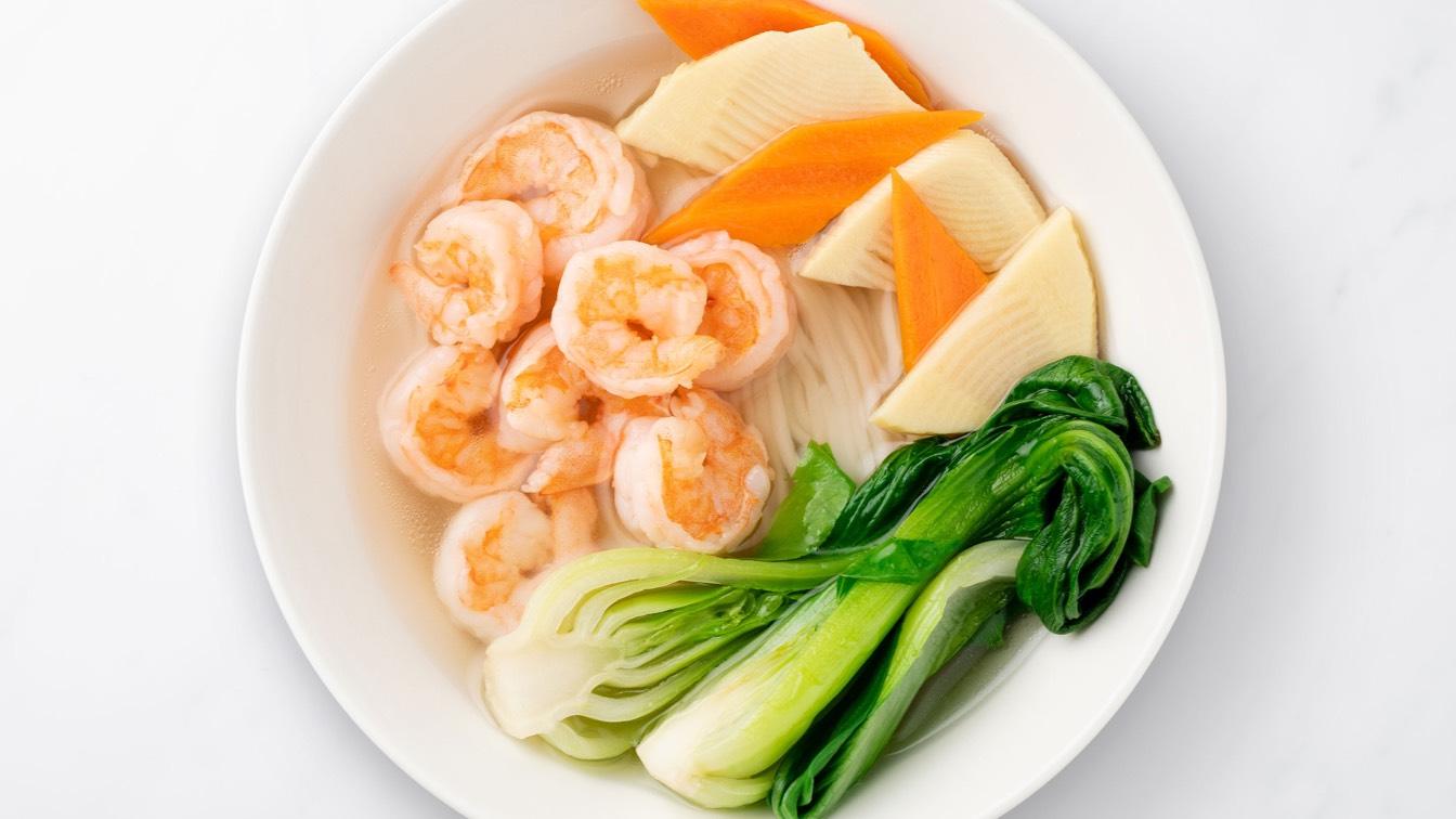 Shrimp Noodle Soup in a white bowl