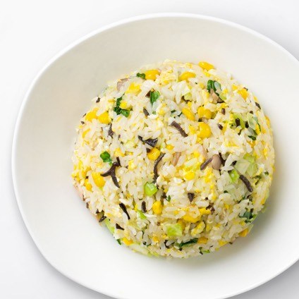 Vegetable & Mushroom Fried Rice (with Egg) on a white plate