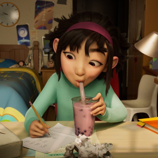 An animated still from Over the Moon depicting Fei Fei drinking boba while figuring out how to build her rocket.